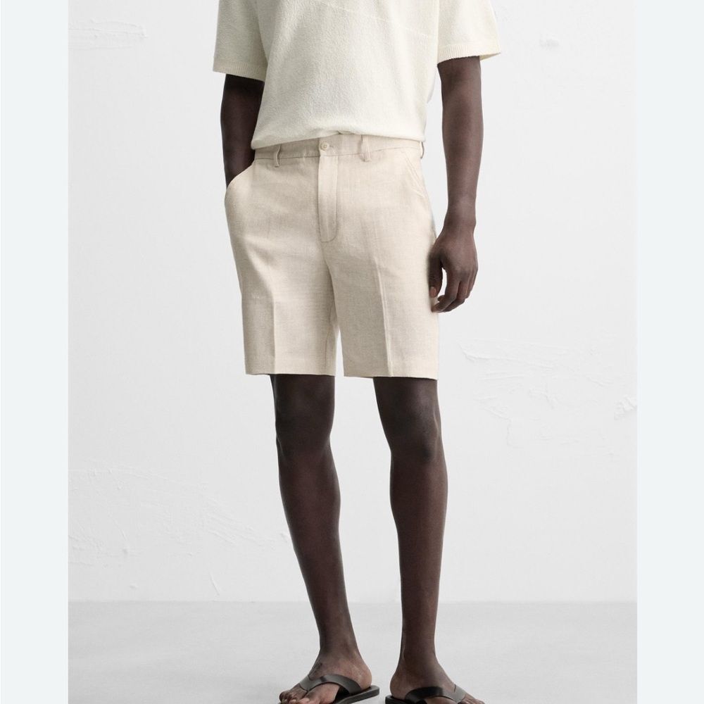 ZARA linen size 30” waist Men's Cream Shorts flat front preppy summer shorts